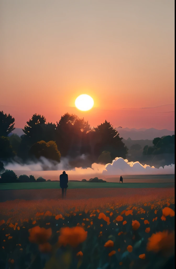 araffes in a field with trees and a sunset in the background, a picture by zou zhe, flickr, sōsaku hanga, foggy sunset, at sunri...