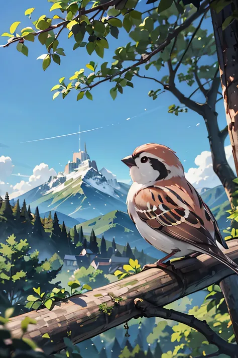 cute sparrow, one fat, happy, standing on a tree branch, the background is mountains, all around is green forest, the weather is...