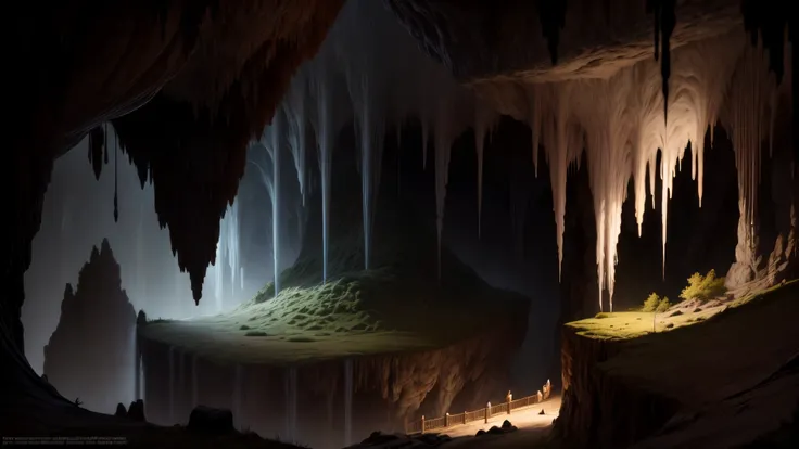 high definition, ancient cave,  mysterious environment, stalactites,  stalagmites 、night