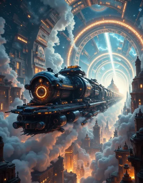 a cyberpunk train are flying against the background of scenery from various eras,historic scenes blur,wormholes, vortex of time,...