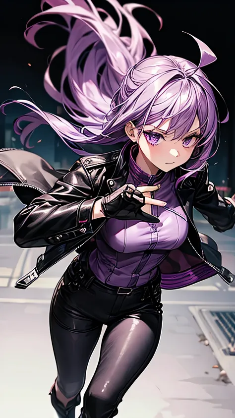 one girl, purple hair,Ahoge,purple leather jacket , Black Leather Pants ,black finger cutting gloves , black boots,Around...