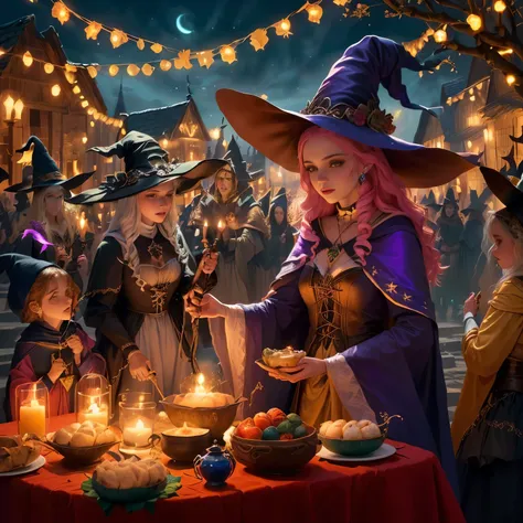 uma mulher fantasiada de witch servindo comida para crianças, conto de fadas de witch, casting a spell on a potion, feiticeiro m...