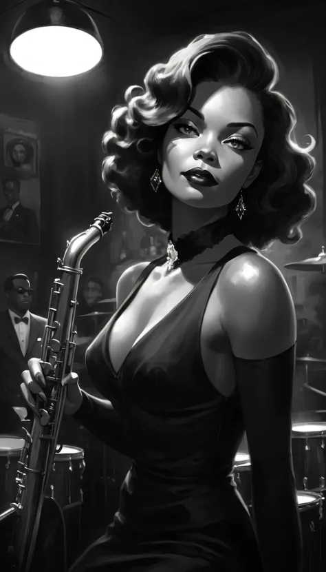 alabama bar, blue note, charismatic, baterist, guitarist, saxophonist, jazz band, bw, illustration, noir fantasy, sexy saxopiani...