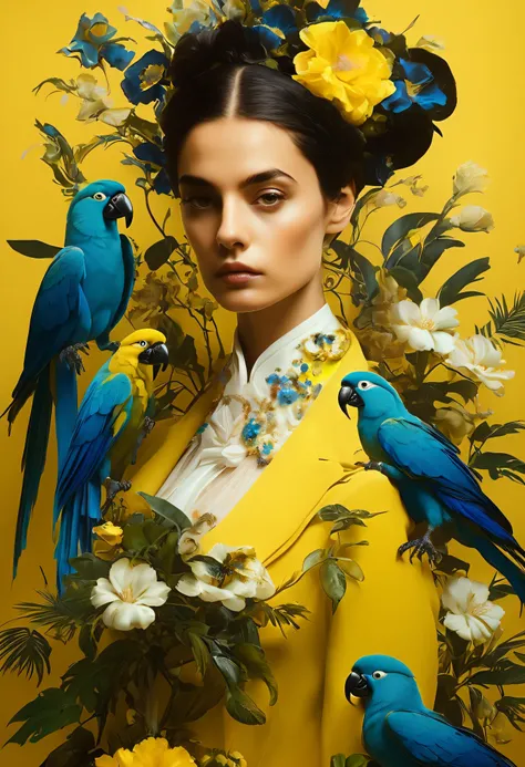 elegant women, portraits, parrot, flower, surreal, moody, daria petrelli,yellow background