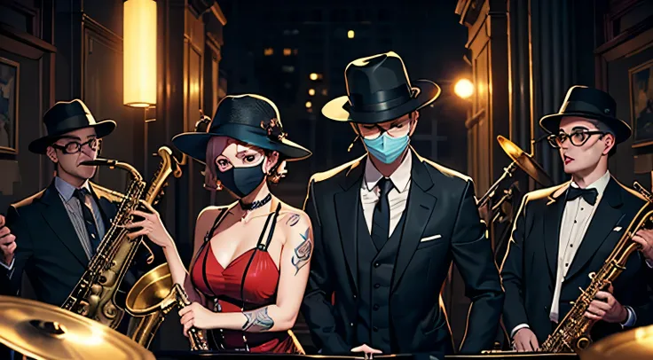 disguise, face mask,electro swing, swing jazz, art tattoos,  saxophone, trumpet, clarinet, double bass syncopated rhythms, dance...