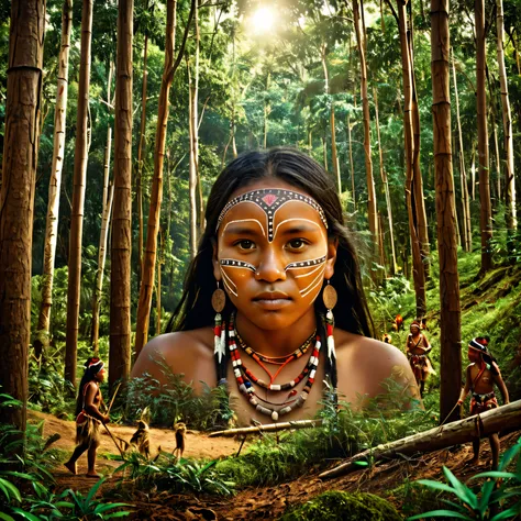 create an image of an aboriginal tribe in a forest , alta definición,  lots of details  , a work of art