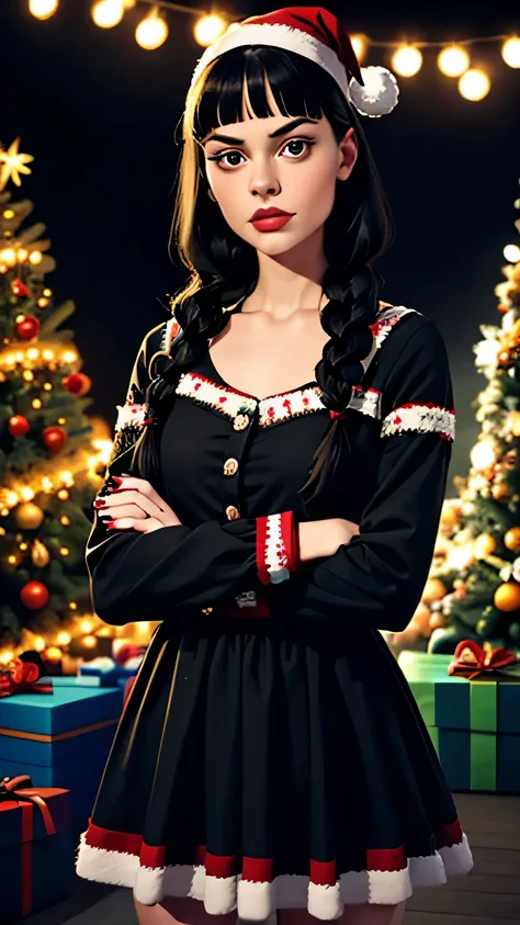 crossed arms, 1girl, 21 years old, Wednesday Addams, braid, solo, twin braids, black and white Santa hat, dress, black hair, lon...