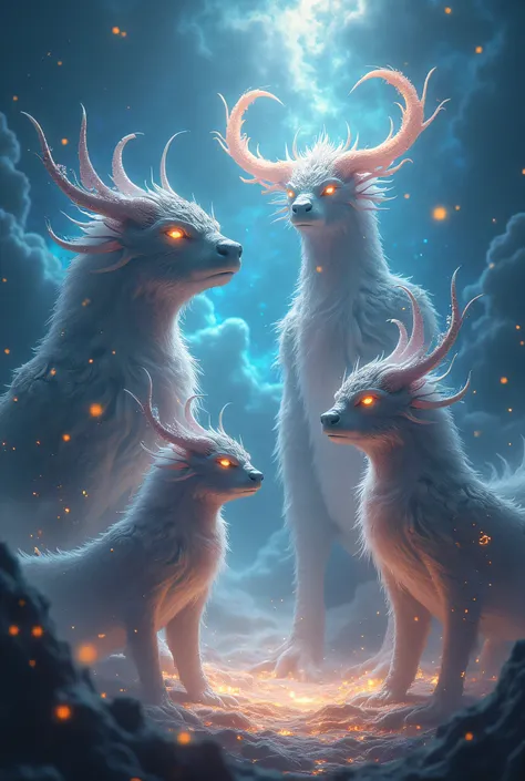 four mythological beasts, ethereal cosmic beings, hyperrealistic, hyper detailed, dramatic lighting, vibrant colors, cinematic c...