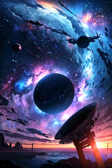 spaceships flying over a planet with a large star in the background