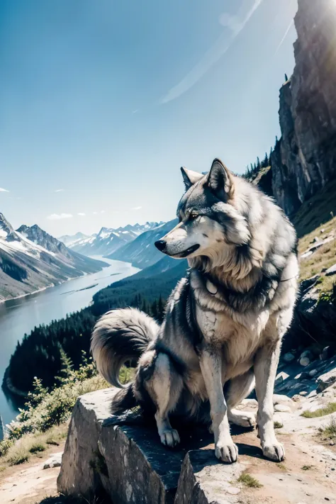 (( better quality)), (( masterpiece )), (detailed), a gray wolf ,  on top of a mountain ,  sitting looking at the horizon, with ...