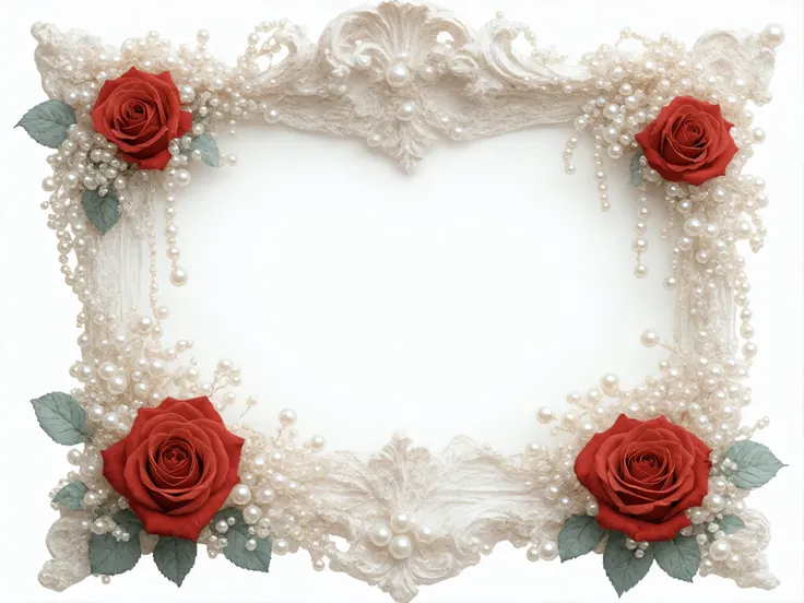 a classy frame bordered with intricate white lace and strings of pearls intertwined with small red roses. the white background i...