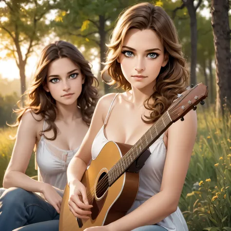 girls playing an acoustic guitar, detailed face and hands, beautiful eyes, realistic skin texture, warm lighting, sitting outdoo...