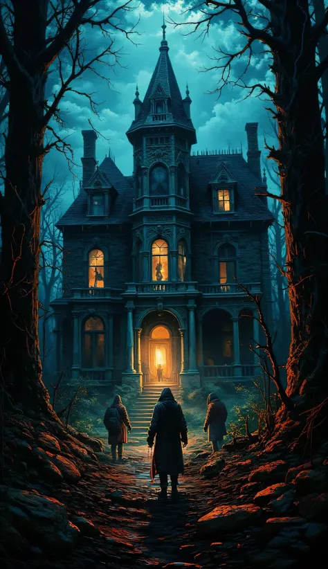  A dark, crumbling mansion in the middle of a dark forest.  Broken windows and shadows moving behind the curtains . A group of f...