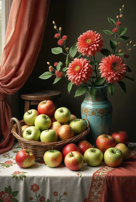 apples on the table green and red and in the basket and next to it stands a hinski vase and chrysanthemum flowers old wooden sto...