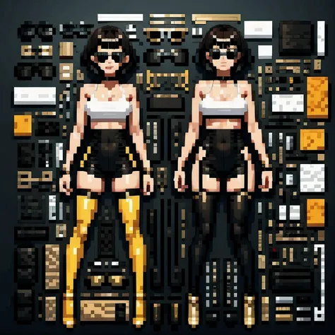 wearing gold frame reflective sunglasses {x} cyberpunk, black,  ，focus