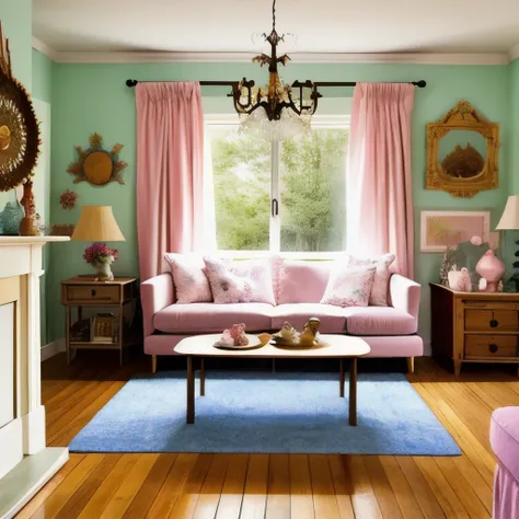 there is a couch and a table in a room, a pastel by artist, featured on pinterest, rococo, cottagecore!!, cottage decor, dreamy ...