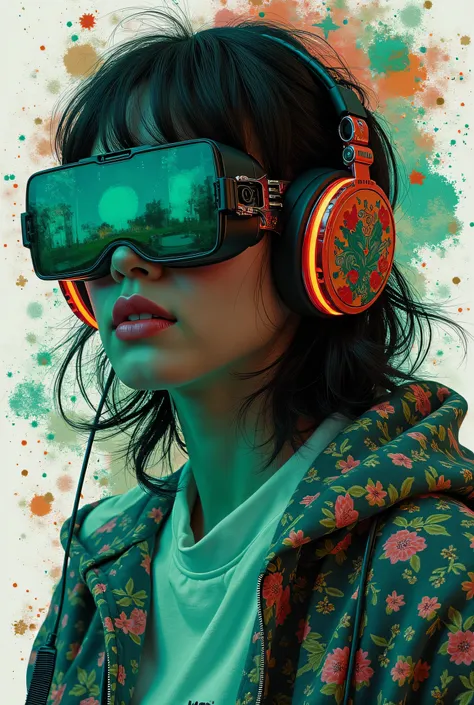    a gamer wearing the most funky and punk headphones、Crazy Beautiful Woman  、She's on the phone in Virtual World、 emerald、white...