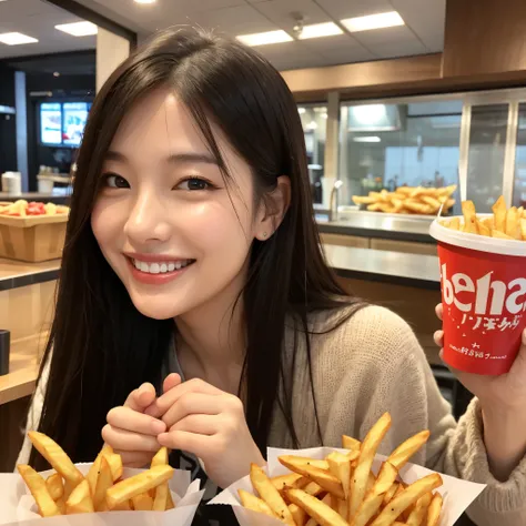 Beautiful woman eating french fries、Smiling face、Home、 high image quality