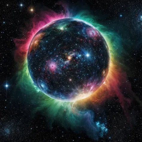 A vibrant cosmic scene with a large translucent sphere encompassing a smaller, glowing orb surrouned by various colorful nebulae...