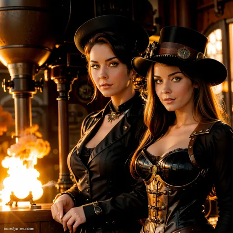 Beautiful steampunk woman in front of a steampunk steam train