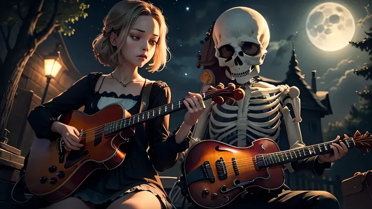 A girl plays an electric guitar under the moonlight. A skeleton plays the violin next to her.