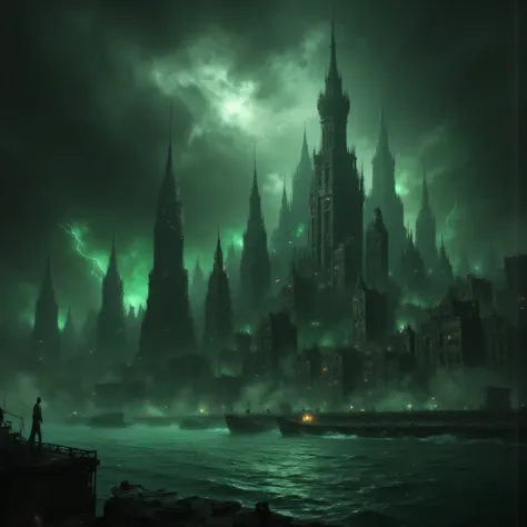 Port, twentieth century London. Rainfall. A black sky covered with black clouds. green lightning. The emerald ocean. the green f...