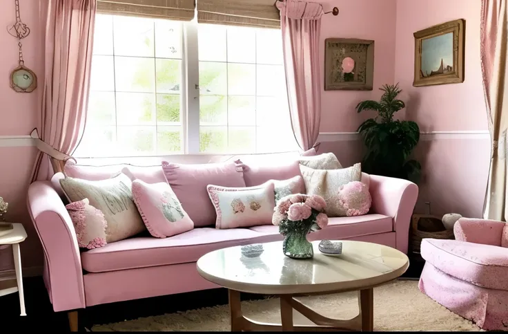 there is a couch and a table in a room, cottagecore!!, cottage decor, dreamy and detailed, lavishly decorated, in a living room,...