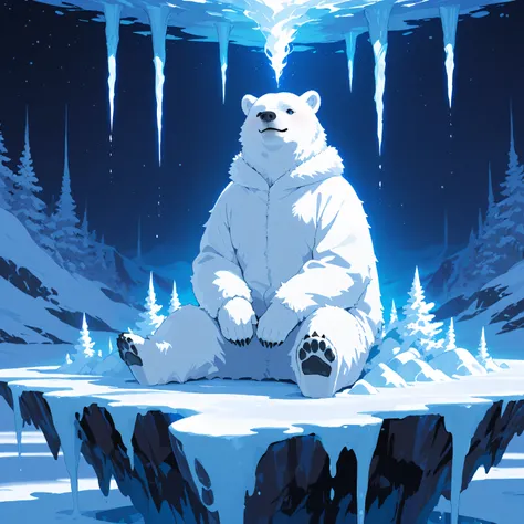 This is a cold, extremely cold place。A cute white rabbit is sitting。A cute polar bear is sitting next to it。