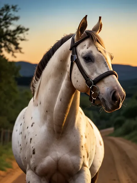 there is a brown and white horse standing on a dirt road, spotted ultra realistic, spotted, speckled, white with chocolate brown...