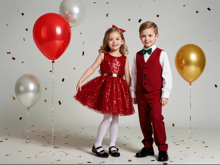 This picture shows two young European and American children(full body),Age 6-, One looks like a girl, Another is a boy,Pose for...