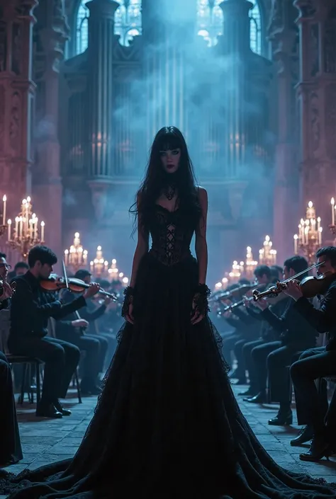 Dramatic cinematography, moody lighting, gothic elegance—a hauntingly beautiful female vocalist stands at the center of a grand ...