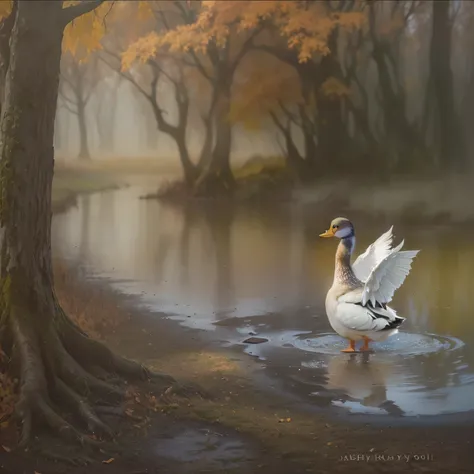 there is a duck that is standing in the water by a tree, in a misty pond, autumn rain turkel, inspired by Jacob Duck, in a foggy...