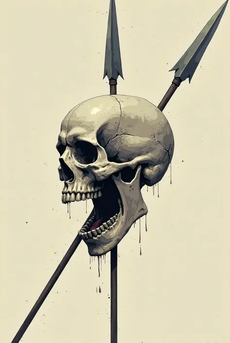 Skull with a spear stuck through its head and with its mouth open, not realistic, 2D
