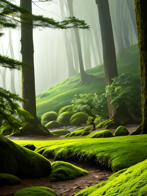 Amidst a lush, verdant landscape cloaked in mist, a striking bonsai tree commands attention, its twisting trunk enhancing its gr...