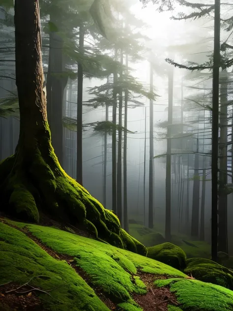 Amidst a lush, verdant landscape cloaked in mist, a striking bonsai tree commands attention, its twisting trunk enhancing its gr...