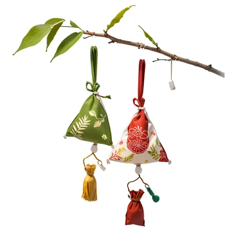 Two triangular sachets hang under the bamboo leaf,a green sachet and a red sachet,with embroidered pattern on the sachet,with ta...