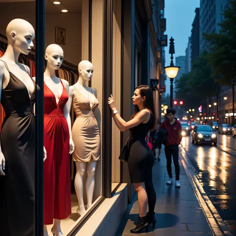 Boutique clothing store located on a busy street in the city, At night. The window is illuminated with warm lights, reflecting o...