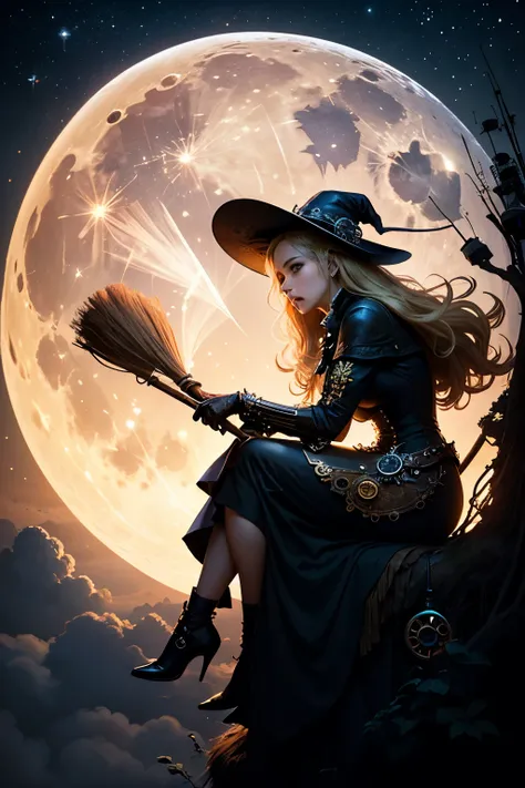 (Top Quality:1.2)。steampunkai。one woman。long blonde hair。steampunk witch flying while sitting on a broom。Flying while sitting on...