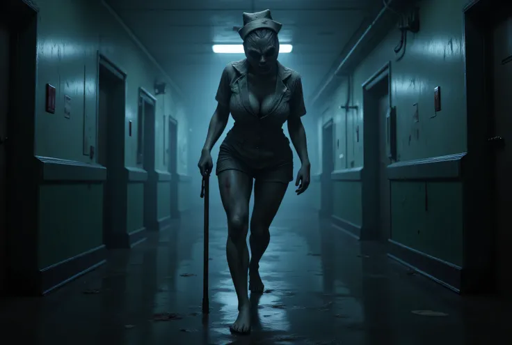 **Prompt:** Create a hyperrealistic digital artwork capturing a horrific nighttime scene set in a dimly lit hospital corrido...