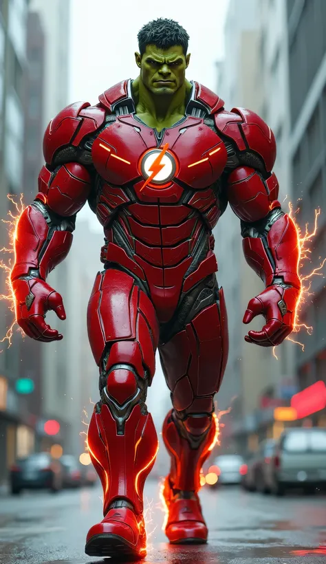 A surreal 8k image of a Hulk-like character wearing Flash's red suit, combined with robot armor covered with sharp lines, Threat...