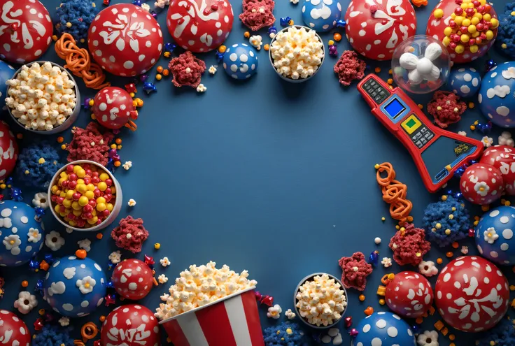 Enjoy the premier video game app at home. Top view of themed decorations for popcorn, soda, 3D glasses, remote control and party...