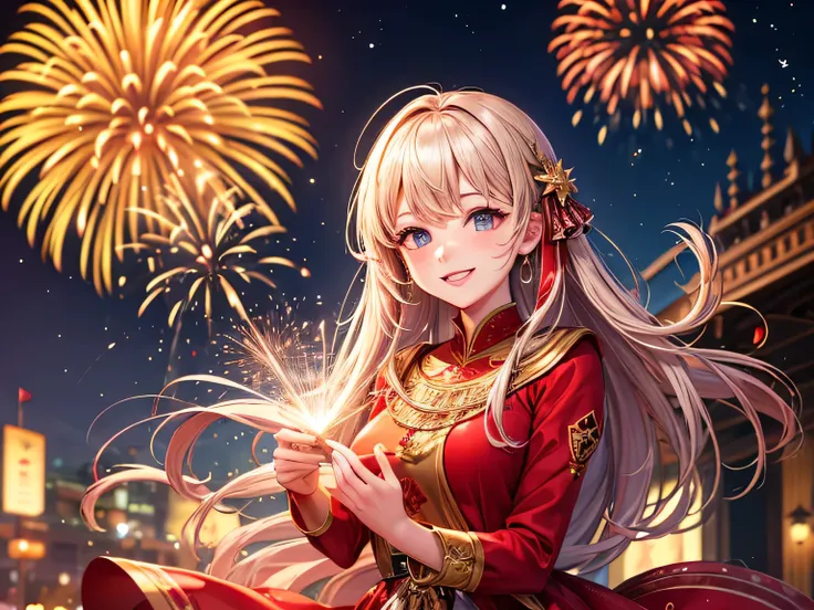 Full HD, super detailed, high quality, like it, Bokeh, miss, 30 years, King of Stoke, Red Midi Dress, cosmetic, night, Fireworks...