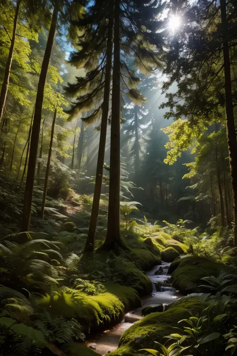 In this enchanting scene, the camera is situated among treetops, offering a low-angle perspective amidst a whimsical atmosphere....
