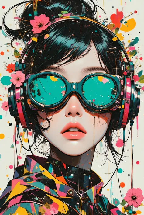 spring、POP、gamer wearing the funkiest, punk headphones and goggles、 Crazy Beautiful Woman 、彼女はVirtual World で通話している、 emera...