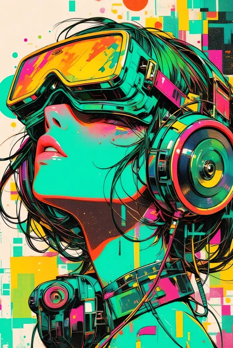 spring、POP、Gamer wearing the funkiest, brightest punk headphones and goggles、 Crazy Beautiful Woman 、彼女はVirtual World で通話している...