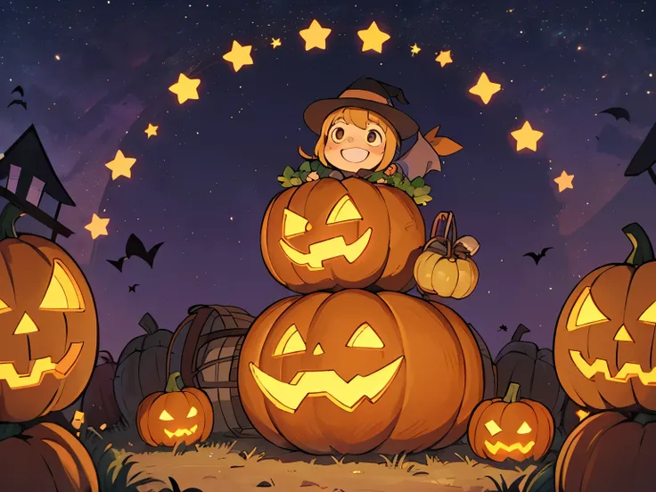 A cheerful pumpkin patch filled with smiling jack-o'-lanterns, hay bales, friendly scarecrows, and playful ren in costumes under...