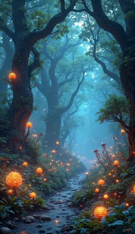 A synthetic forest with glowing fungus, plants, and flowers