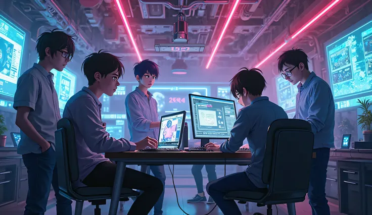 group of people creating anime in the computer, Studio looking very advance, glowing neon effect