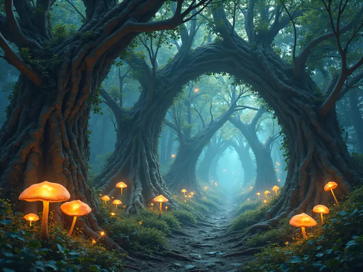 Ancient forest with twisting trees forming natural archways, glowing mushrooms on the ground, and magical fireflies in the air”
