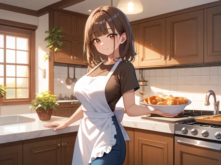 NSFW, masterpiece, (only one girl), large breasts, adult, Navy blue trousers, Brown T-shirt, White apron, she is standing, Me...